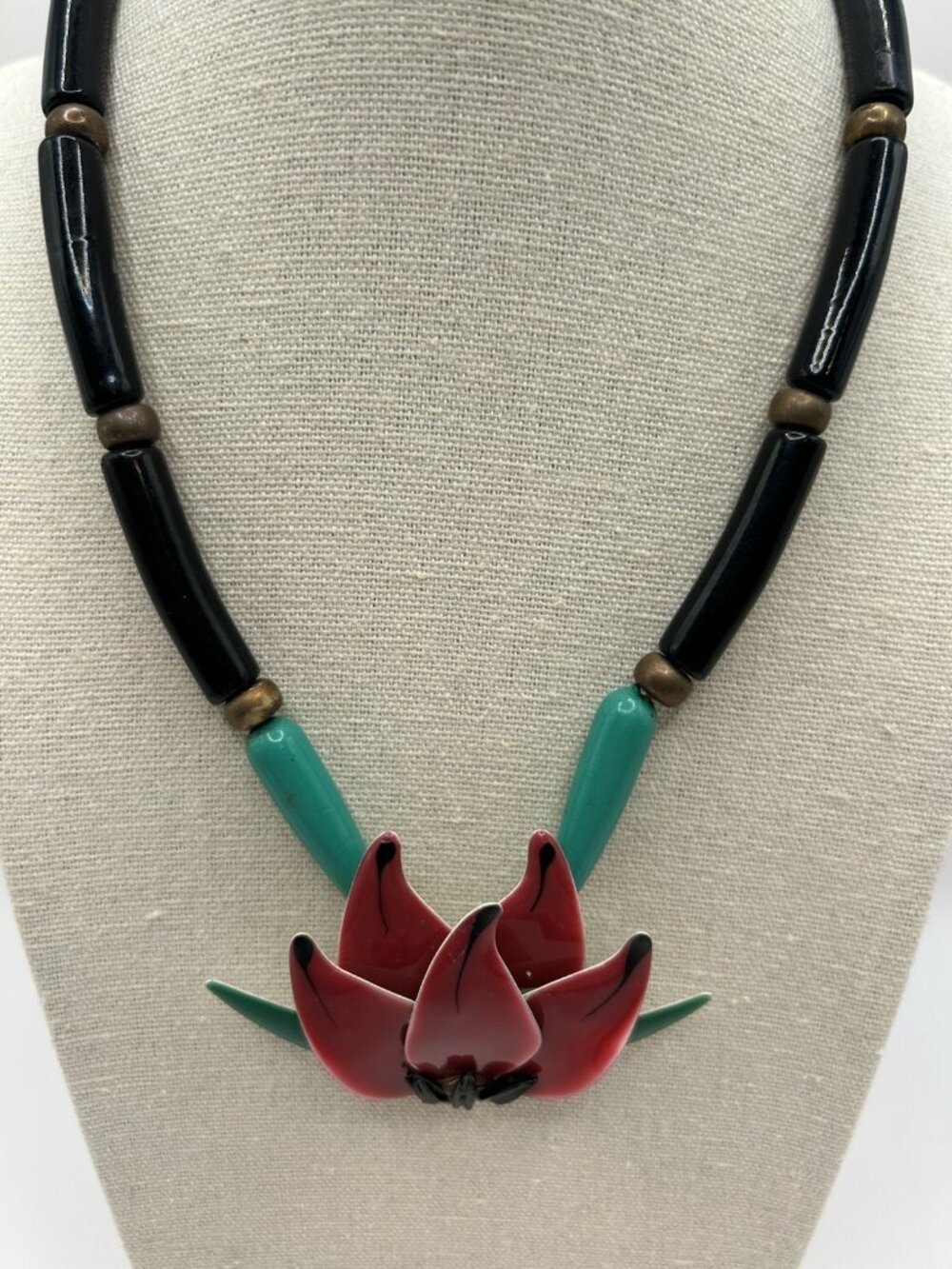 Lotus Flower Necklace Enamel Metal Pendant Tube Beaded Vintage Floral Retro 17” - Picture 4 of 16